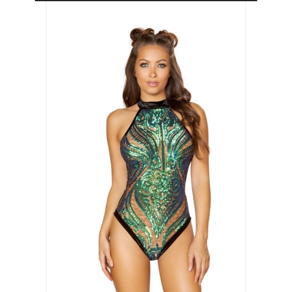 Sheer Sequin Bodysuit with Velvet Back